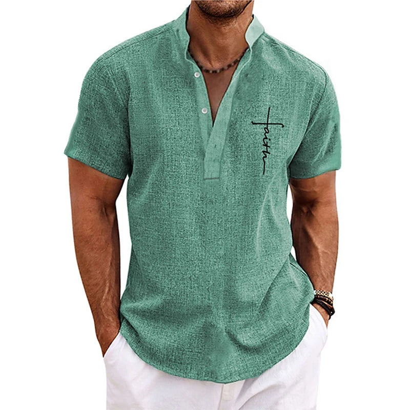Men's Oversized Henley T-Shirt – Stand Collar Graphic Tee