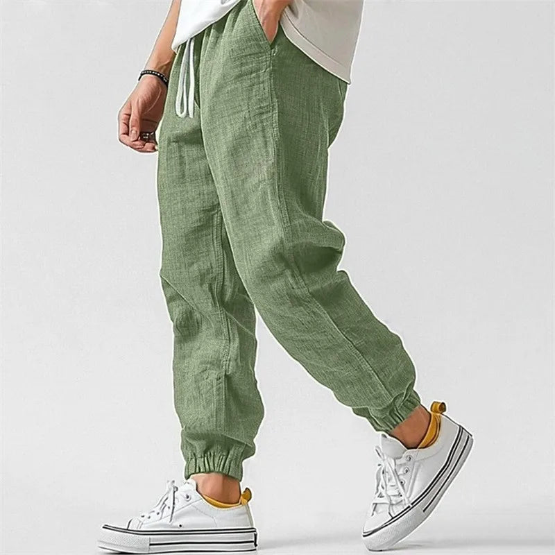 Men's Cotton Linen Ankle Joggers – Elastic Waist Casual Trousers