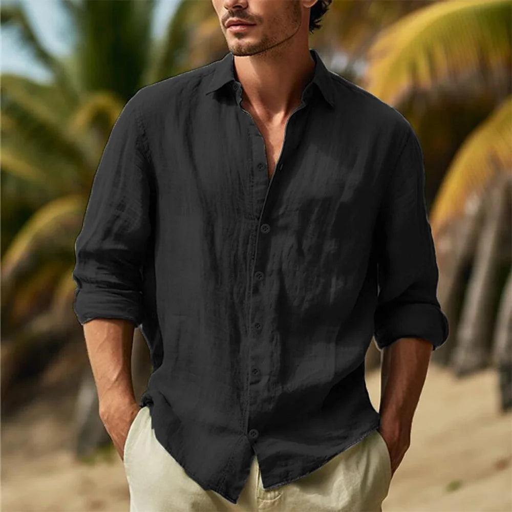 Men's Cotton Linen Hawaiian Shirt – Lightweight Turn-Down Collar