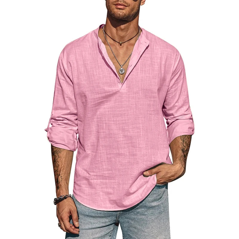 Men's Long Sleeve Stand Collar Shirt – Cotton Business Casual Top