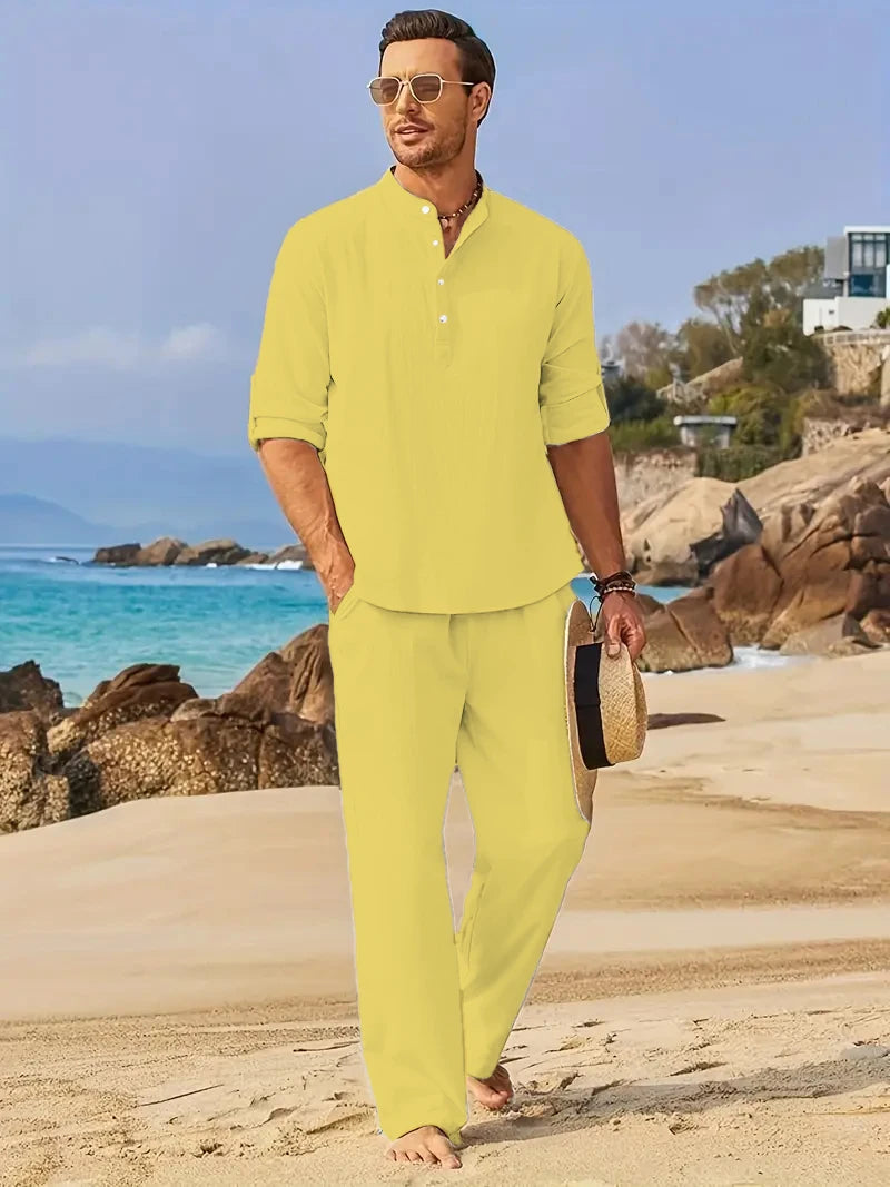 Men's Linen Two-Piece Set – Henley Shirt & Elastic Waist Trousers