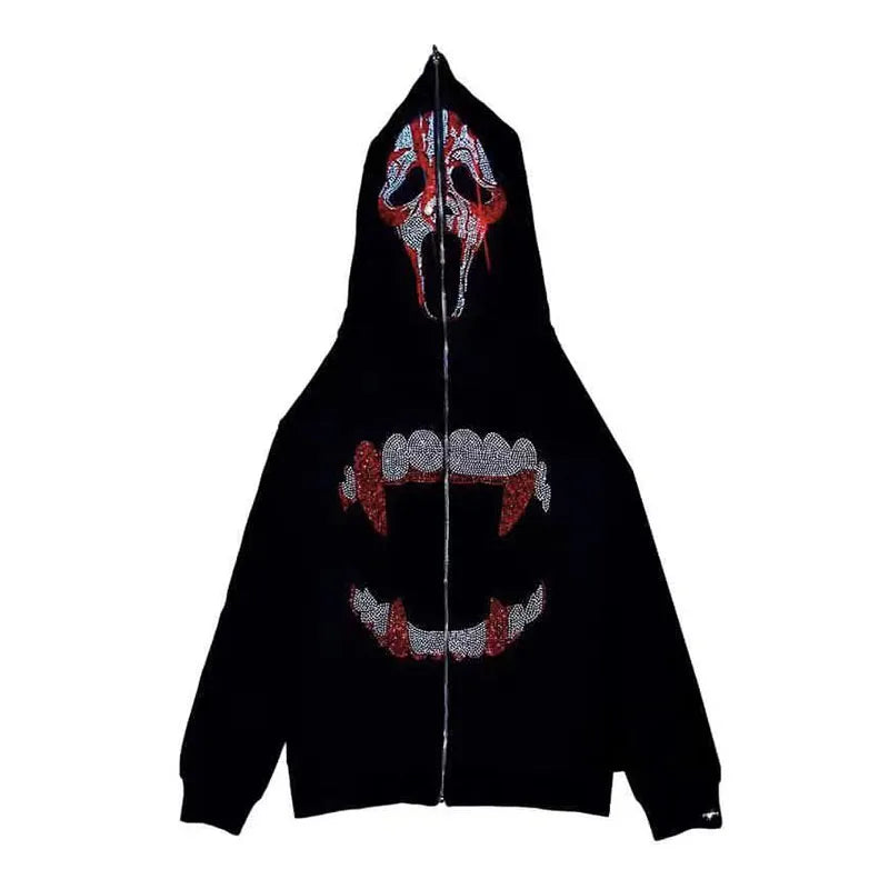 Unisex Rhinestone Zip Hoodie – Y2K Gothic Oversized Sweatshirt