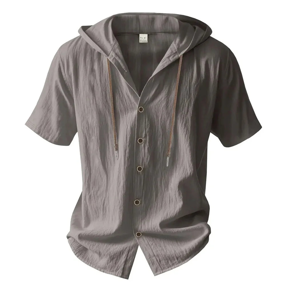 Men's Cotton Linen Short-Sleeve Shirt – Hooded Drawstring Design