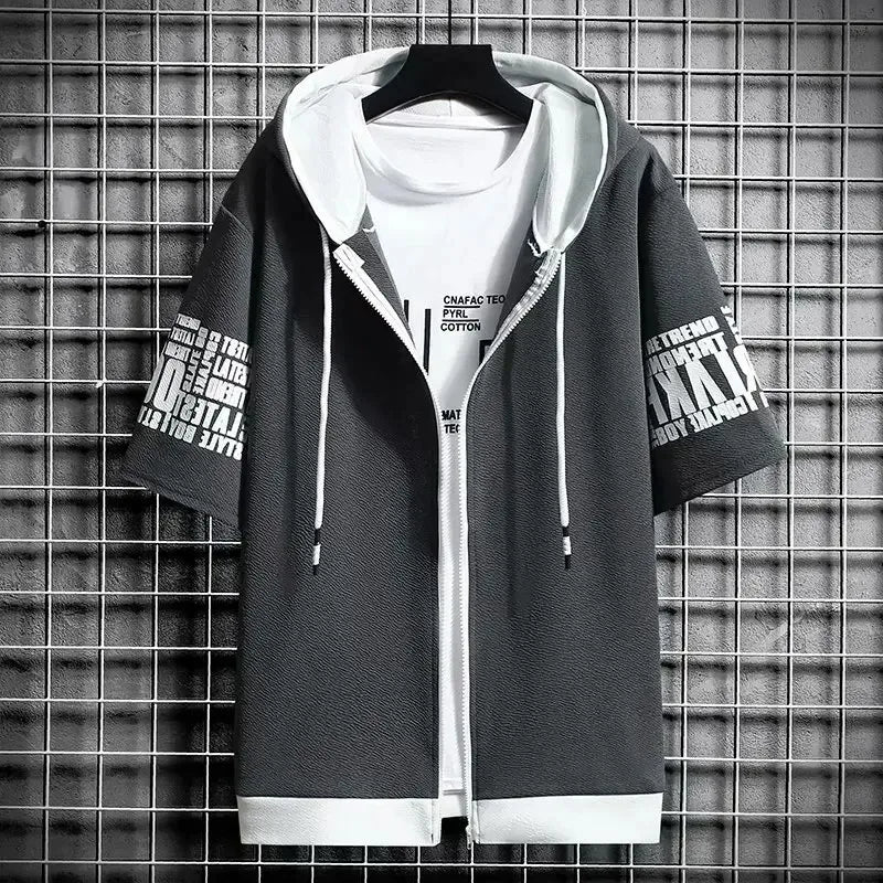 Men's Zip Hoodie T-Shirt – Graphic Print Short Sleeve Top
