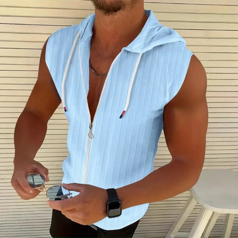 Men's Textured Hooded Tank Top – Zip-Up Sleeveless Top