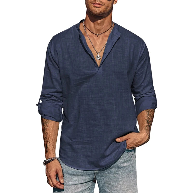 Men's Long Sleeve Stand Collar Shirt – Cotton Business Casual Top