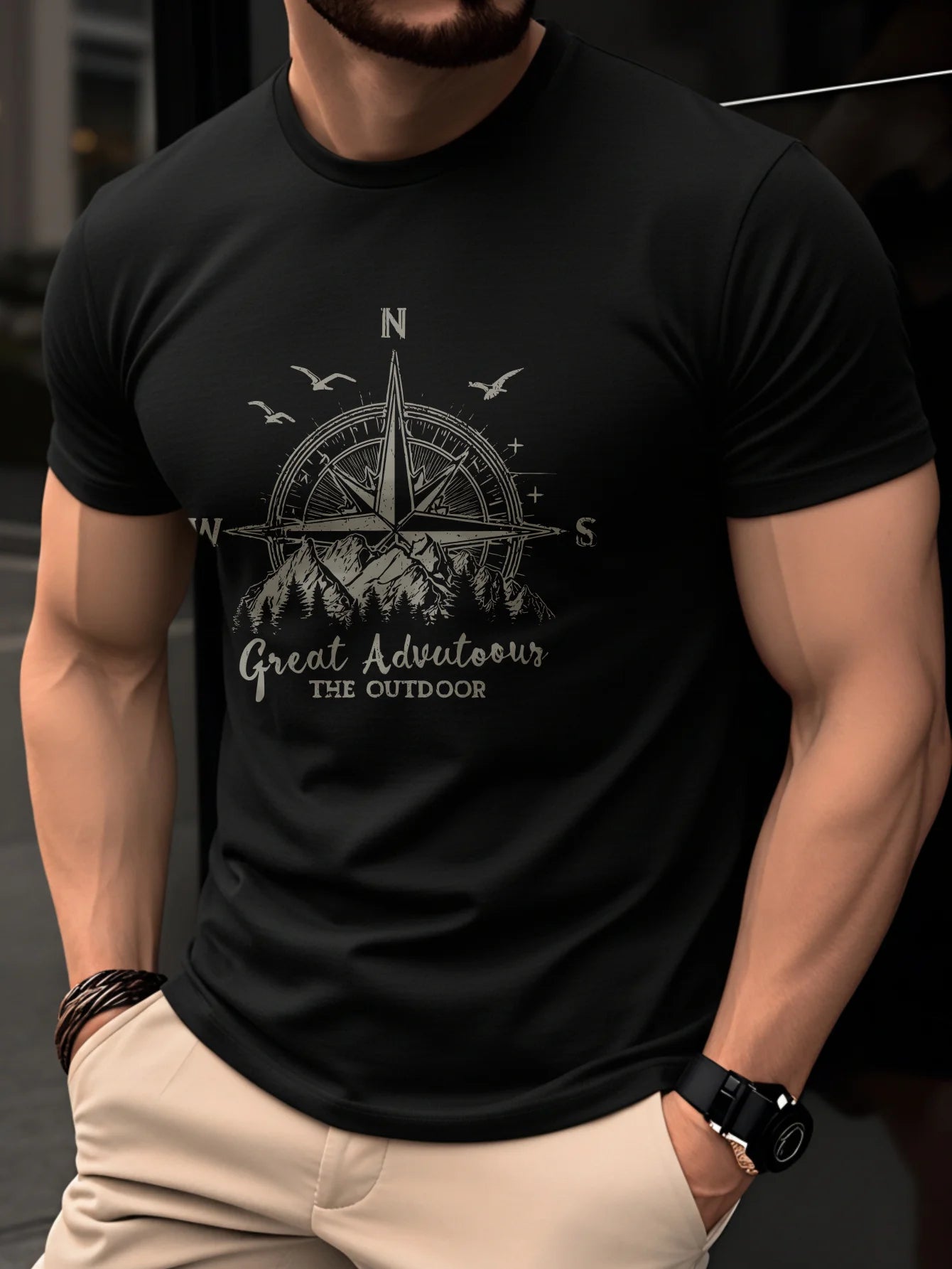 Men's Compass Print T-Shirt – Retro Cotton Graphic Tee