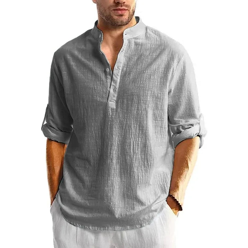 Men's Linen Cotton Henley Shirt – Long Sleeve Beach Top