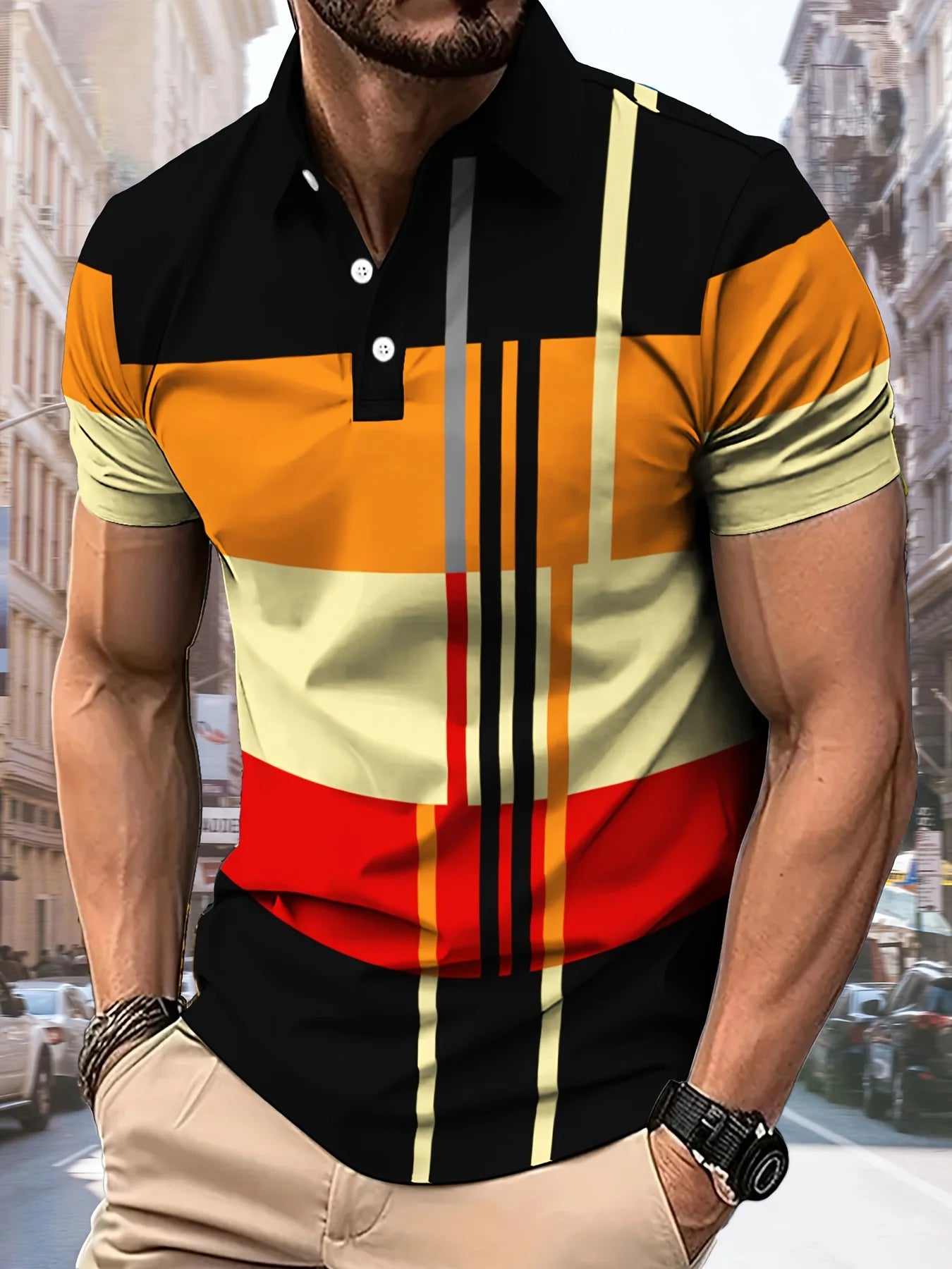 Men's Striped Print Polo Shirt – Casual Breathable Top