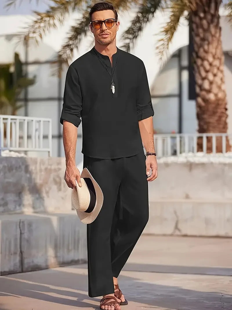 Men's Linen Two-Piece Set – Henley Shirt & Elastic Waist Trousers