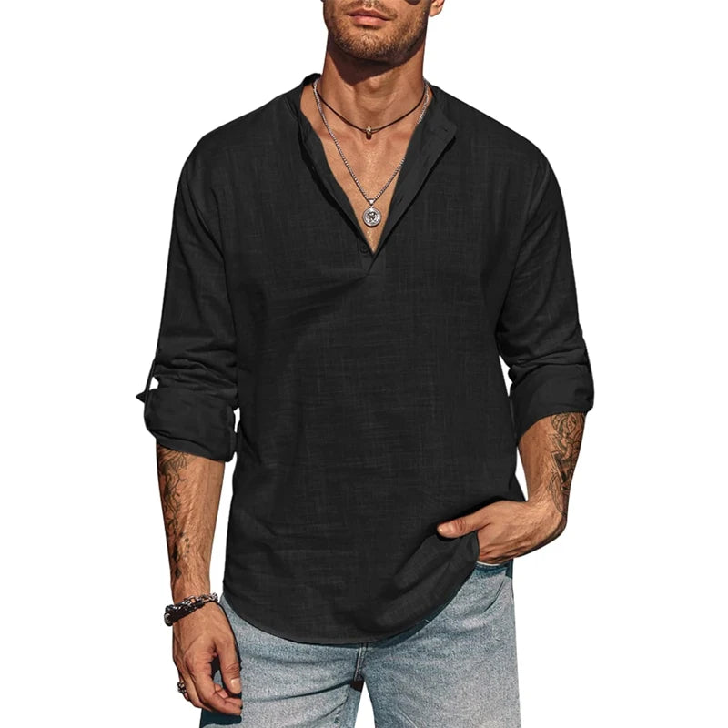Men's Long Sleeve Stand Collar Shirt – Cotton Business Casual Top