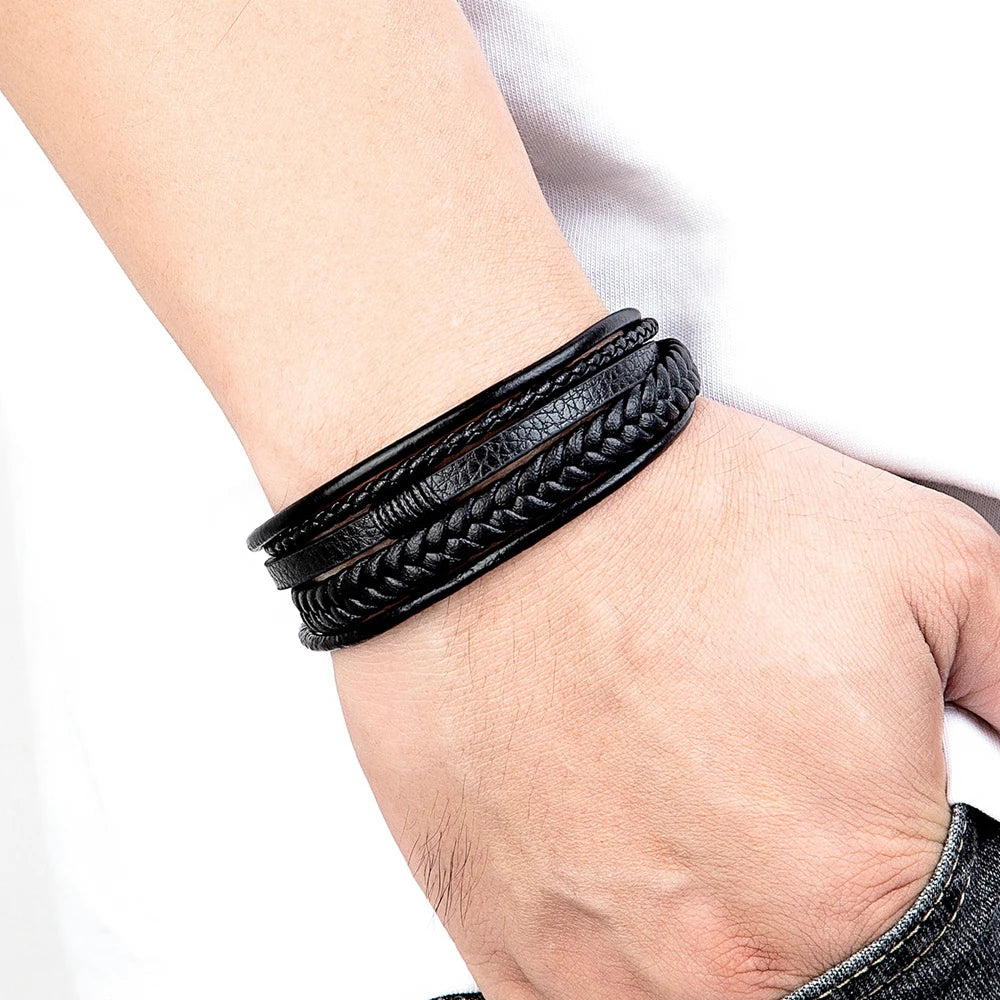 Men's Hand-Woven Leather Bracelet – Multilayer Stainless Steel Bangle