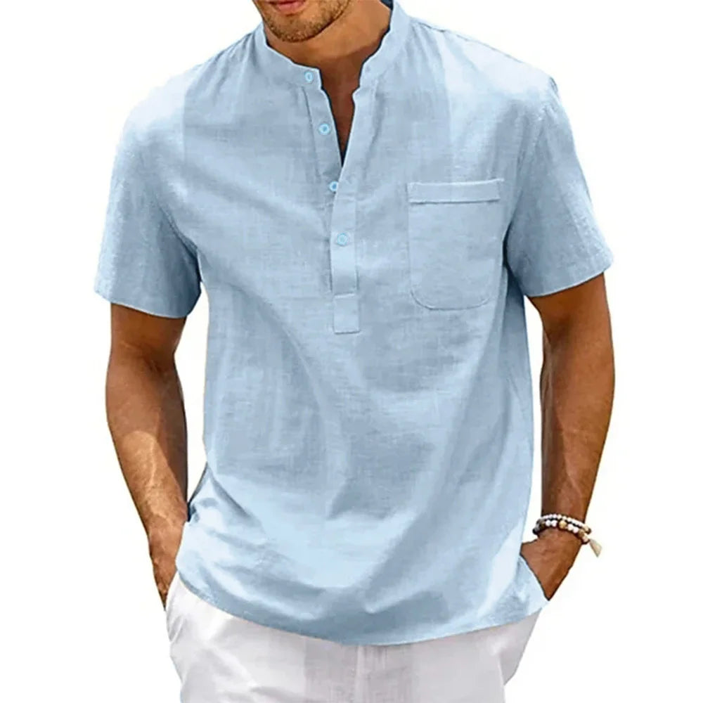 Men's Cotton Linen Henley Shirt – Casual Beach Short-Sleeve Top