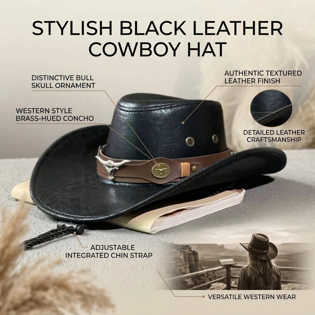 Unisex Faux Leather Cowboy Hat – Wide Brim Western Style