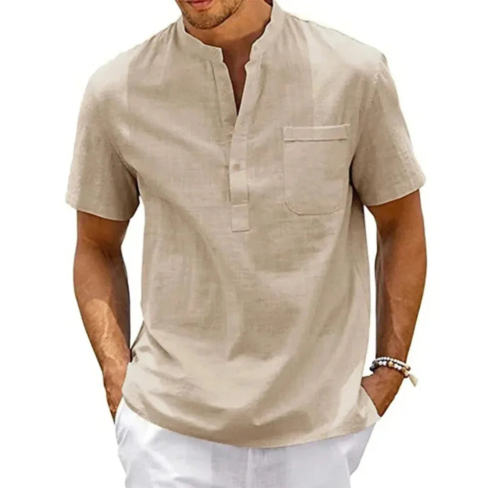 Men's Cotton Linen Henley Shirt – Casual Beach Short-Sleeve Top