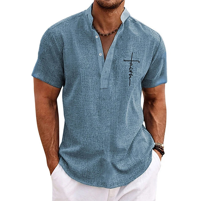 Men's Oversized Henley T-Shirt – Stand Collar Graphic Tee