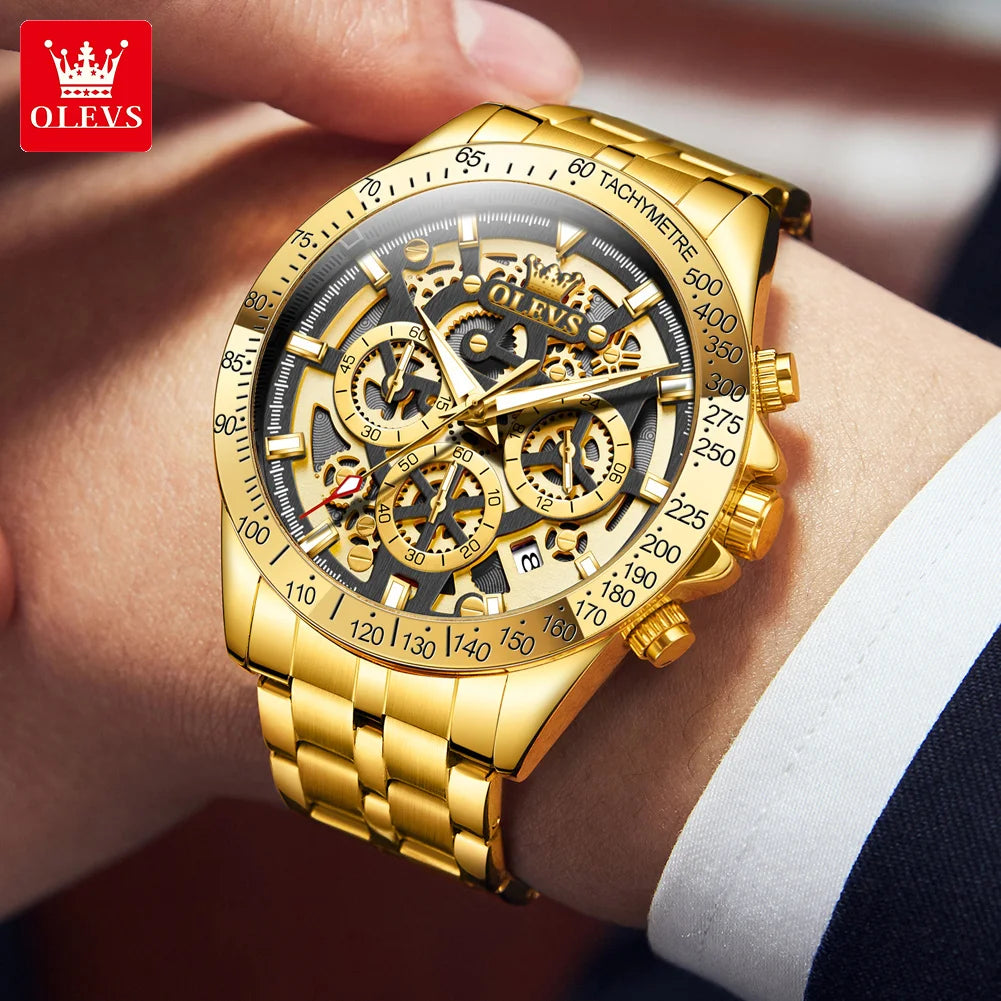 Men's Gold Skeleton Chronograph Watch – Stainless Steel Wristwatch