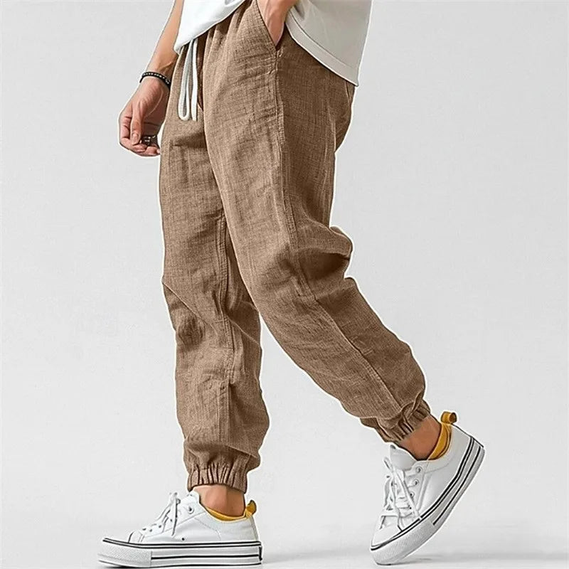 Men's Cotton Linen Ankle Joggers – Elastic Waist Casual Trousers