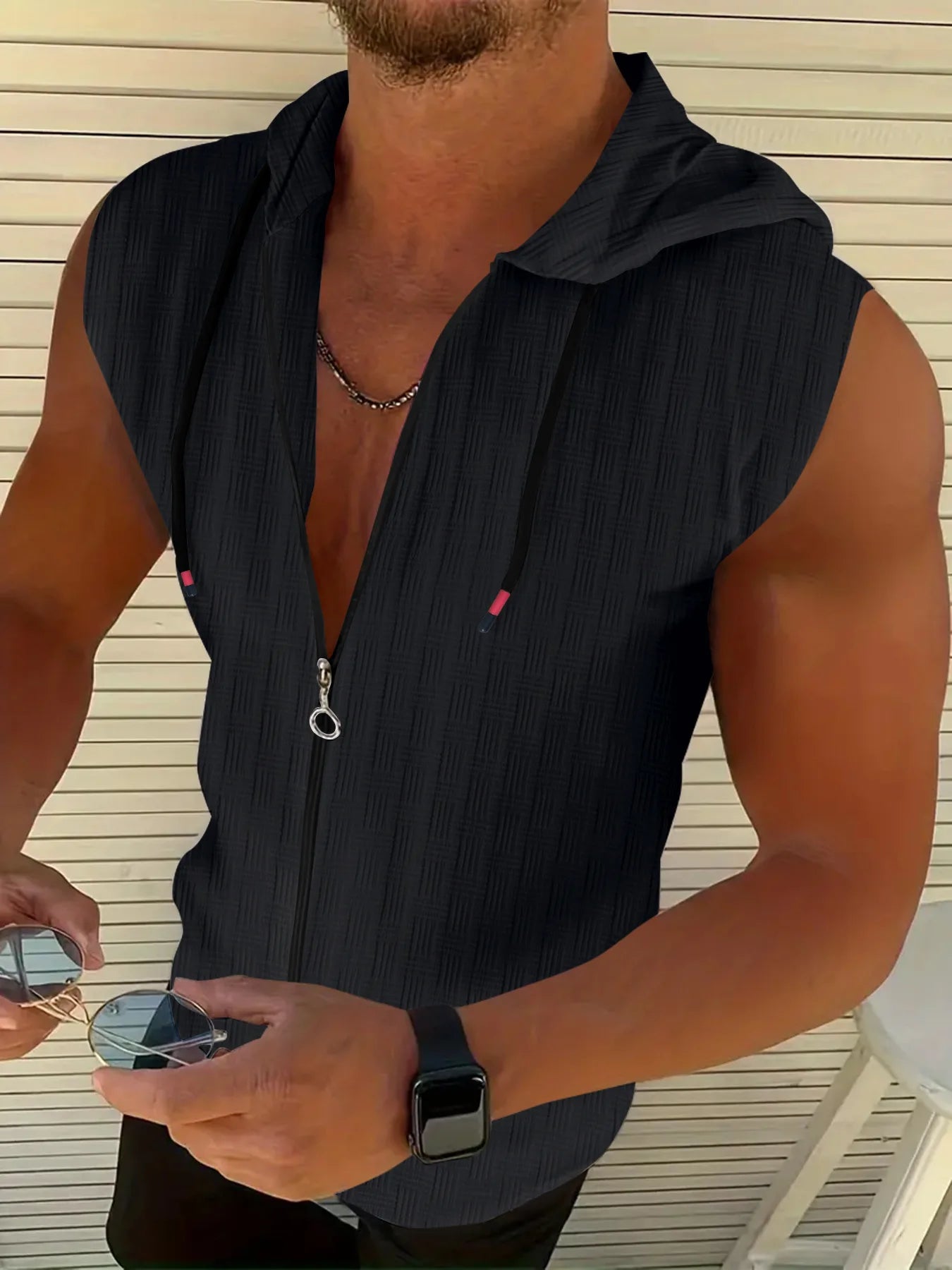 Men's Textured Hooded Tank Top – Zip-Up Sleeveless Top