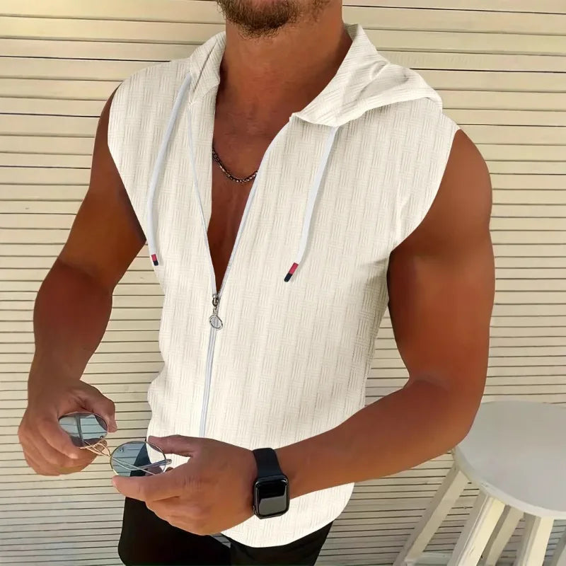 Men's Textured Hooded Tank Top – Zip-Up Sleeveless Top