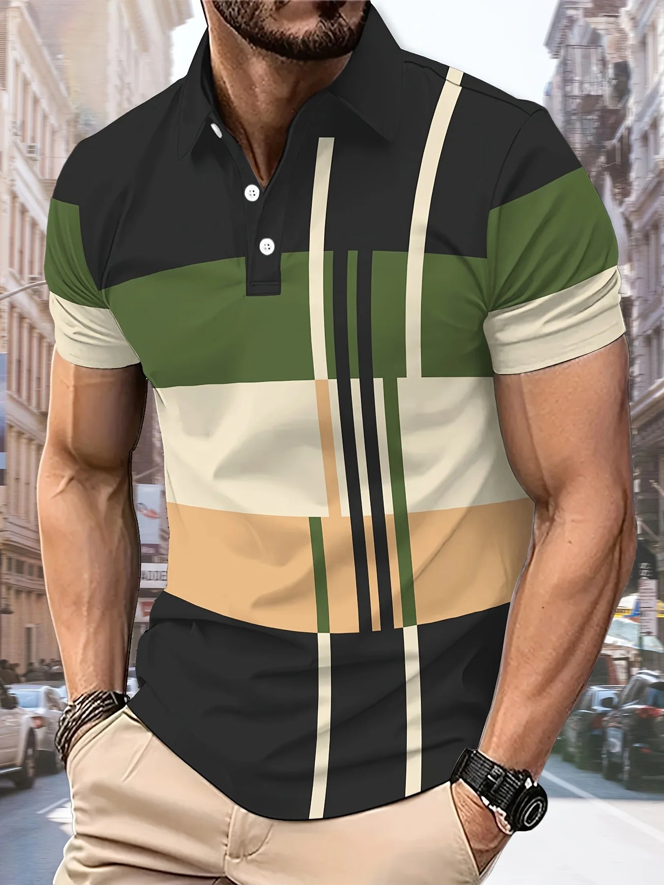 Men's Striped Print Polo Shirt – Casual Breathable Top