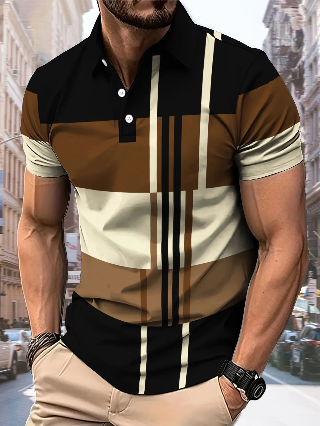 Men's Striped Print Polo Shirt – Casual Breathable Top