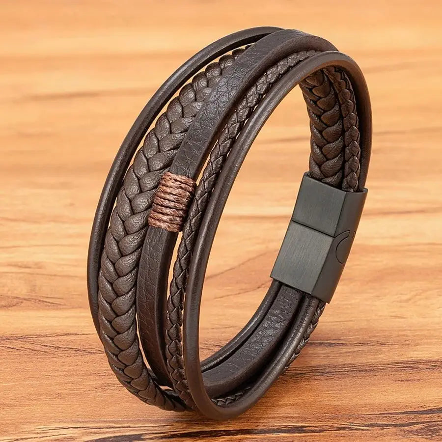 Men's Hand-Woven Leather Bracelet – Multilayer Stainless Steel Bangle