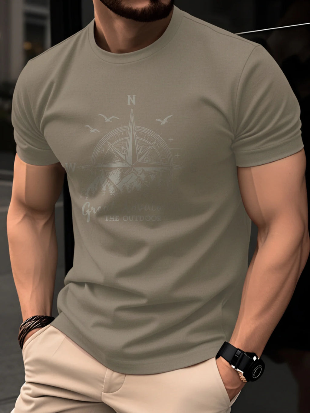 Men's Compass Print T-Shirt – Retro Cotton Graphic Tee