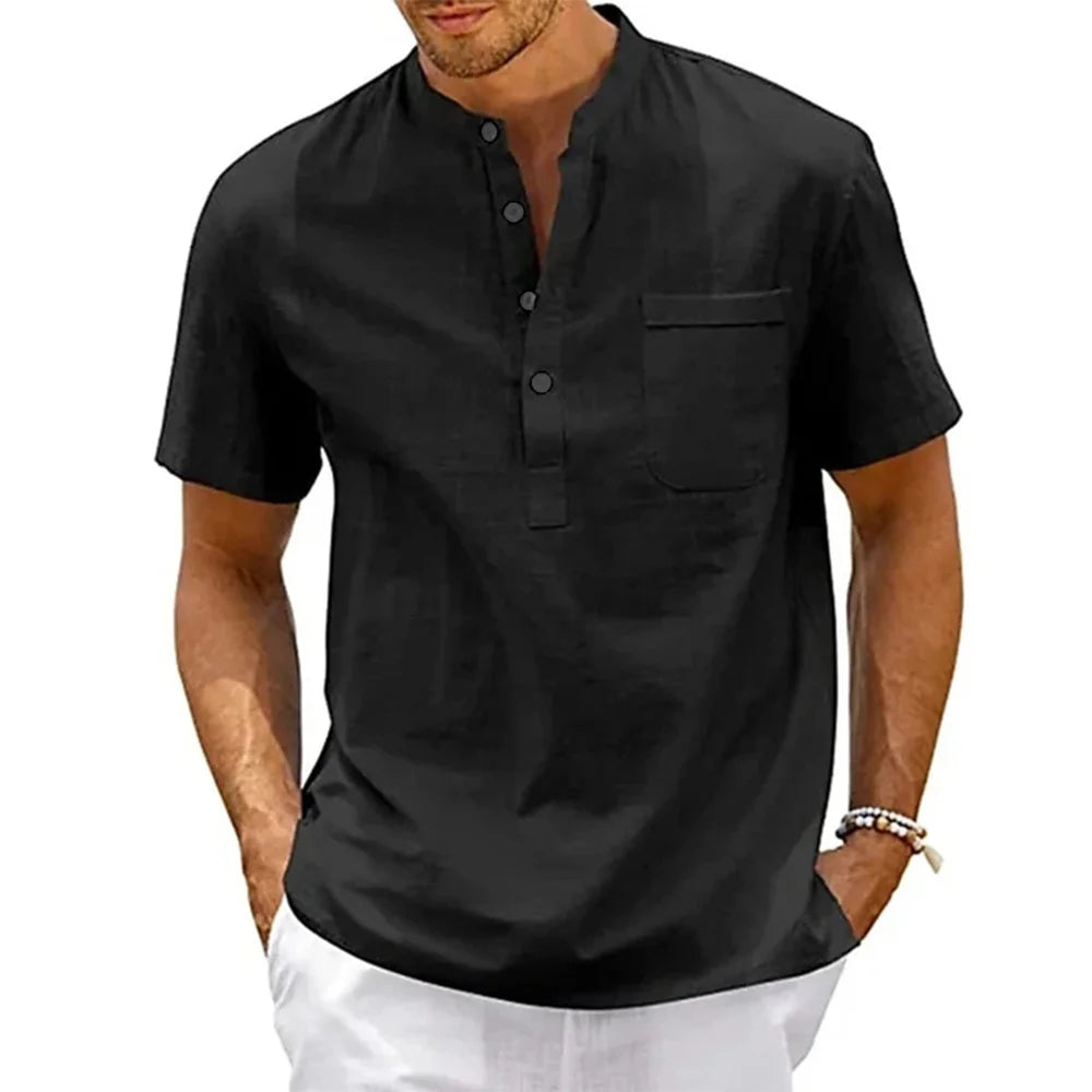 Men's Cotton Linen Henley Shirt – Casual Beach Short-Sleeve Top