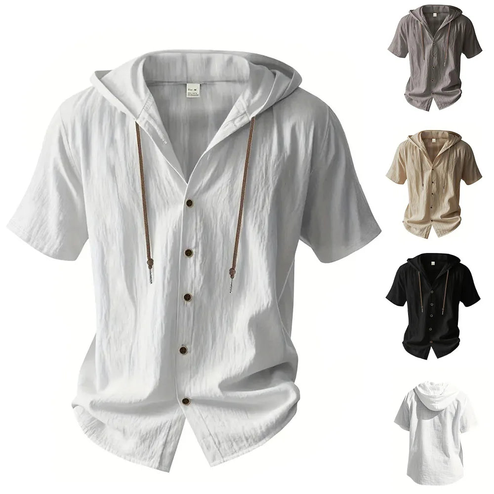 Men's Cotton Linen Short-Sleeve Shirt – Hooded Drawstring Design