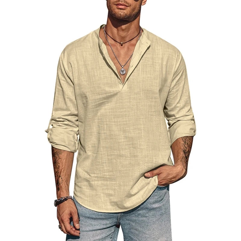 Men's Long Sleeve Stand Collar Shirt – Cotton Business Casual Top