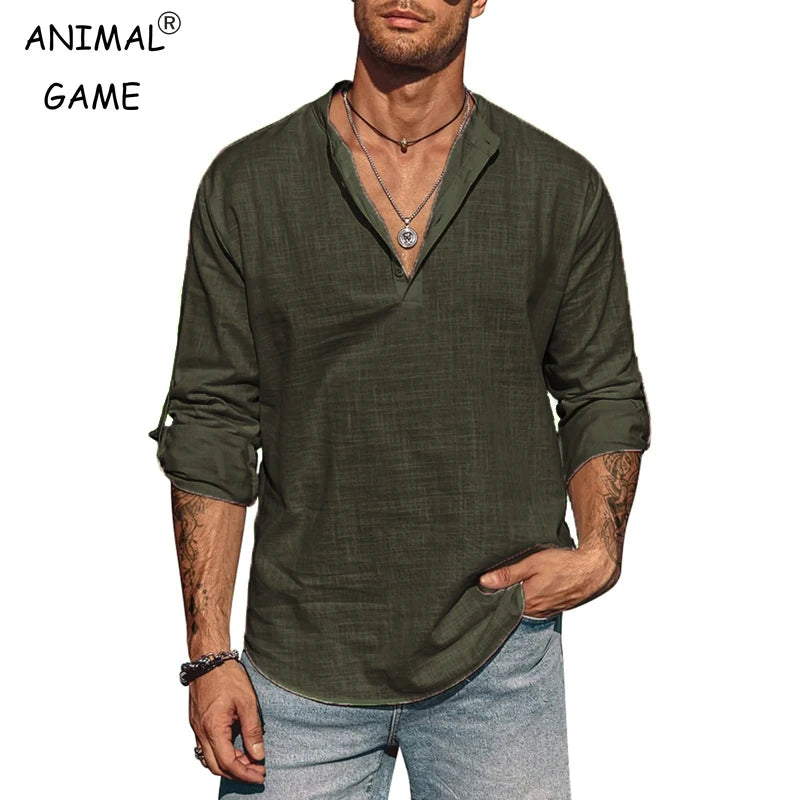 Men's Long Sleeve Stand Collar Shirt – Cotton Business Casual Top