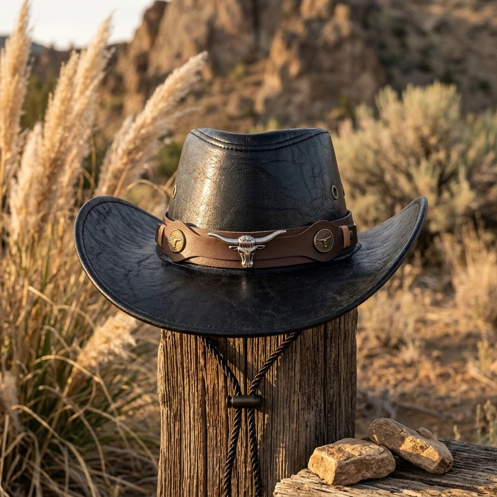 Unisex Faux Leather Cowboy Hat – Wide Brim Western Style