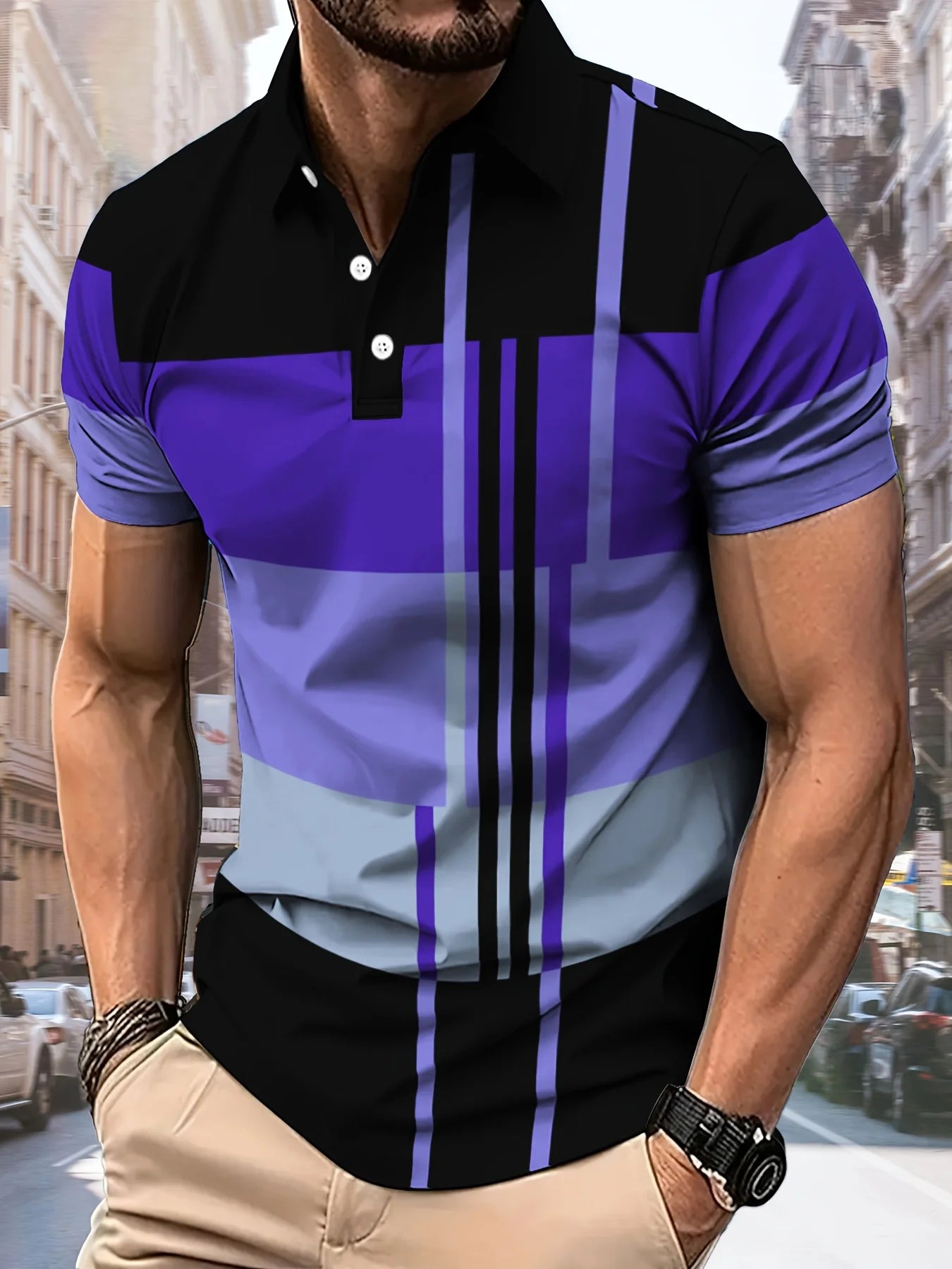 Men's Striped Print Polo Shirt – Casual Breathable Top