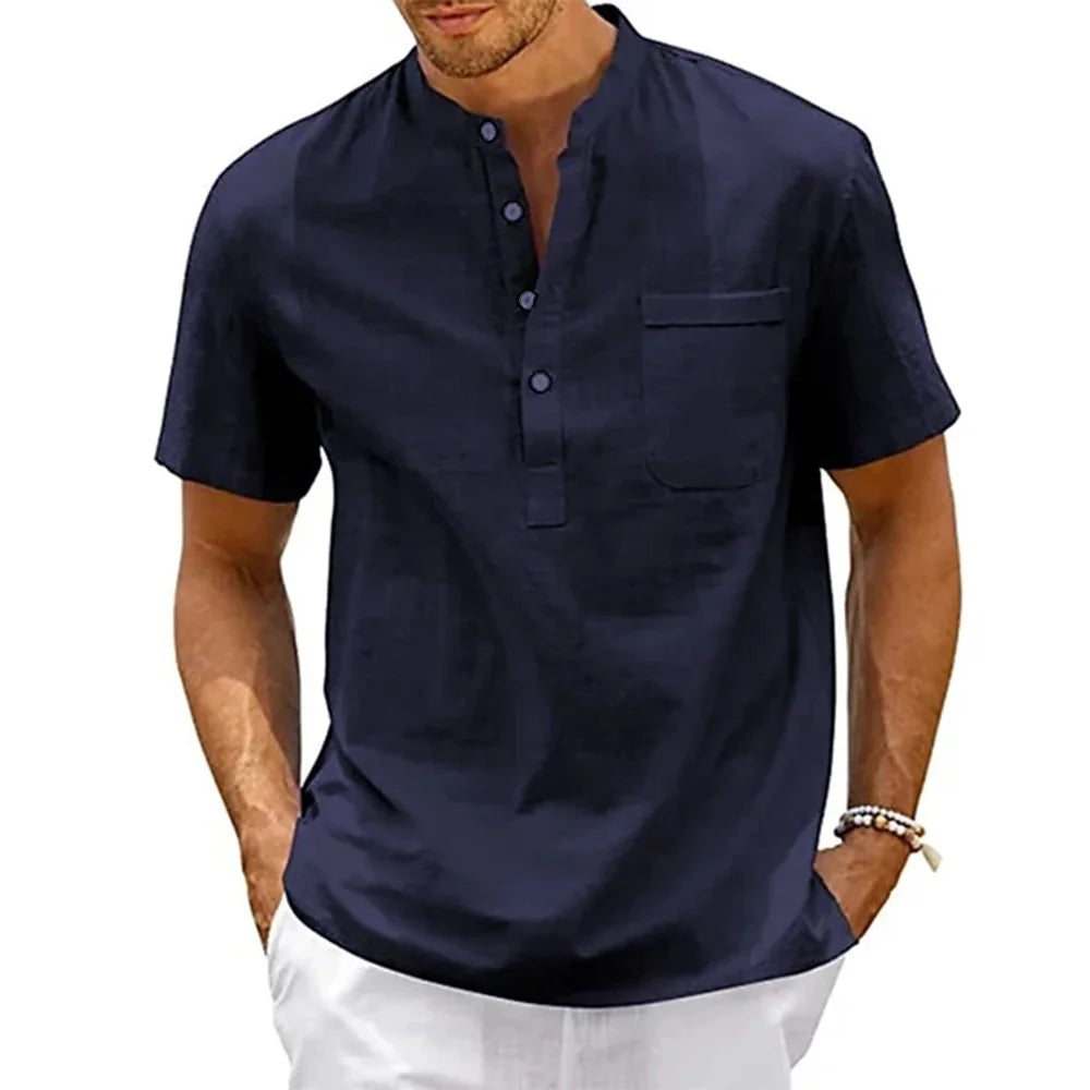 Men's Cotton Linen Henley Shirt – Casual Beach Short-Sleeve Top