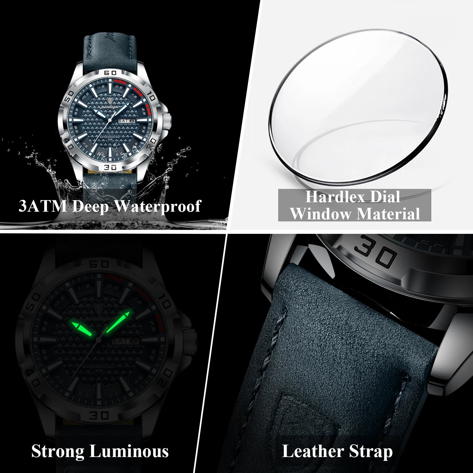 Men's Leather Strap Quartz Watch – Waterproof Sports Watch