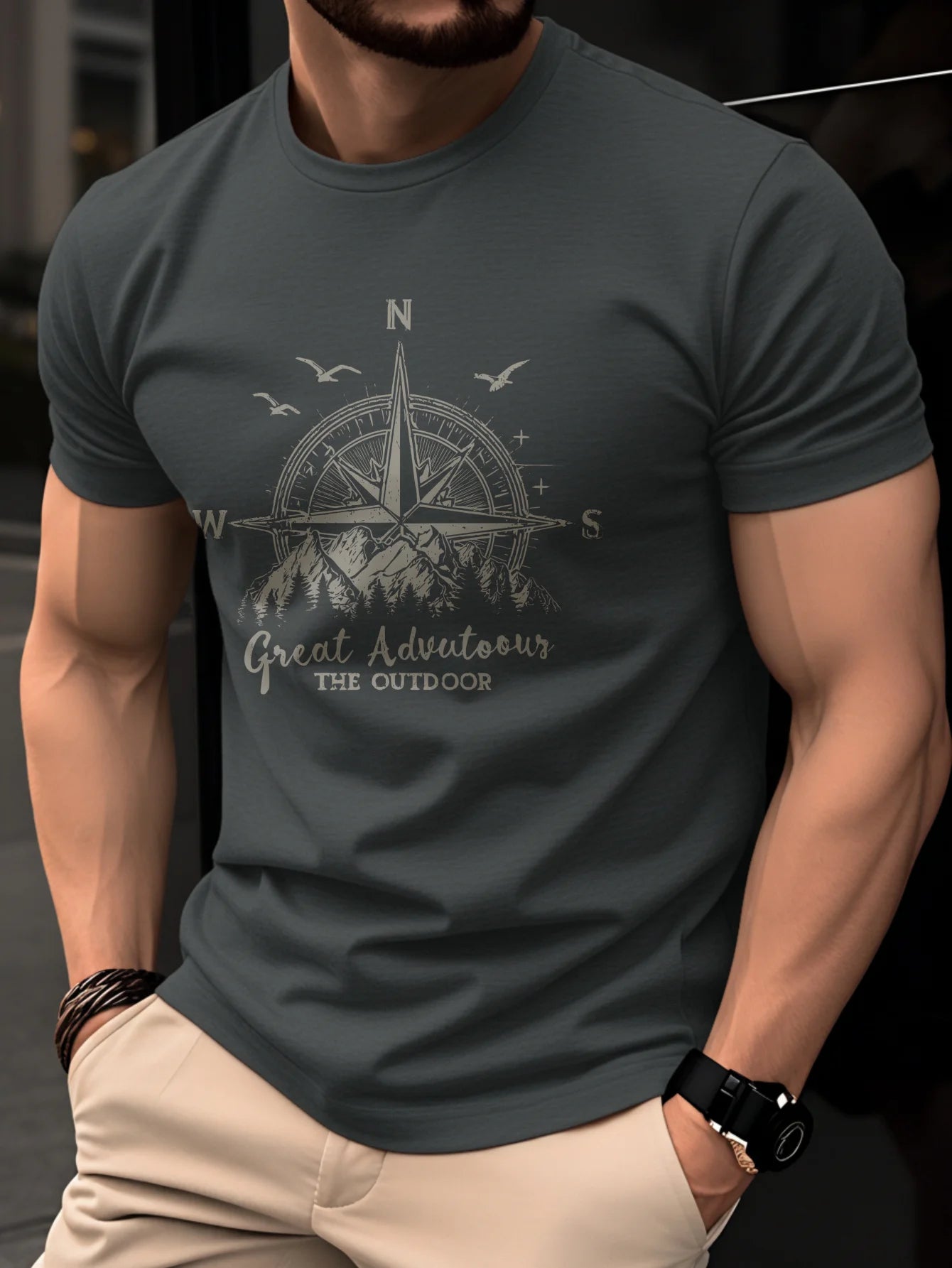Men's Compass Print T-Shirt – Retro Cotton Graphic Tee
