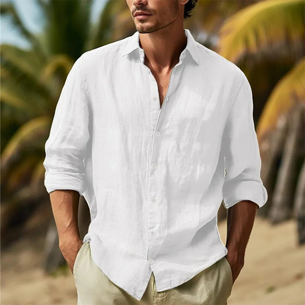 Men's Cotton Linen Hawaiian Shirt – Lightweight Turn-Down Collar