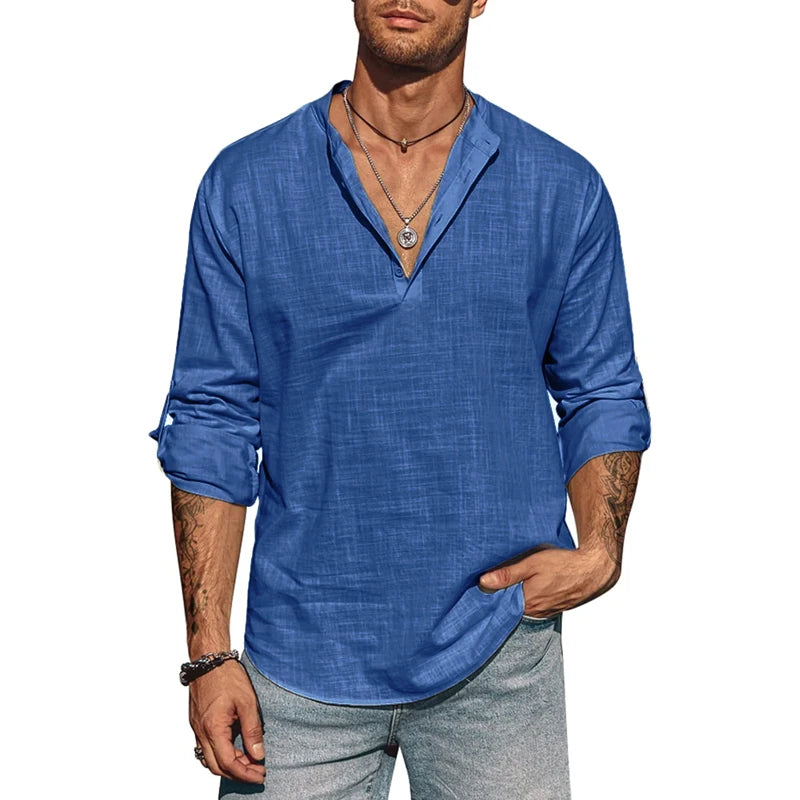 Men's Long Sleeve Stand Collar Shirt – Cotton Business Casual Top