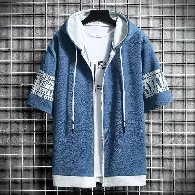 Men's Zip Hoodie T-Shirt – Graphic Print Short Sleeve Top