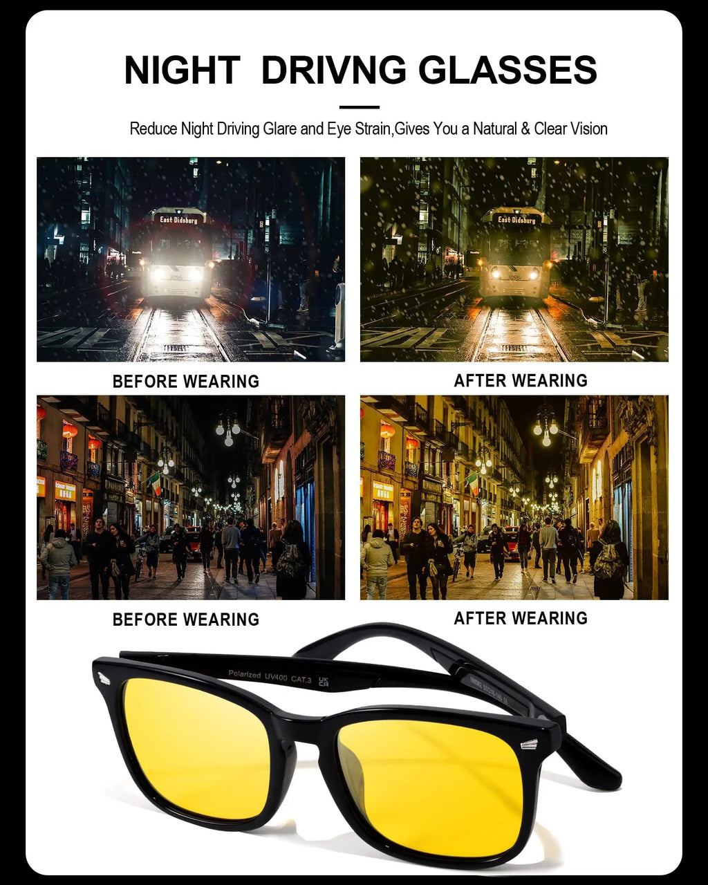 Men's Night Driving Glasses – Polarised Anti-Glare Yellow Lens