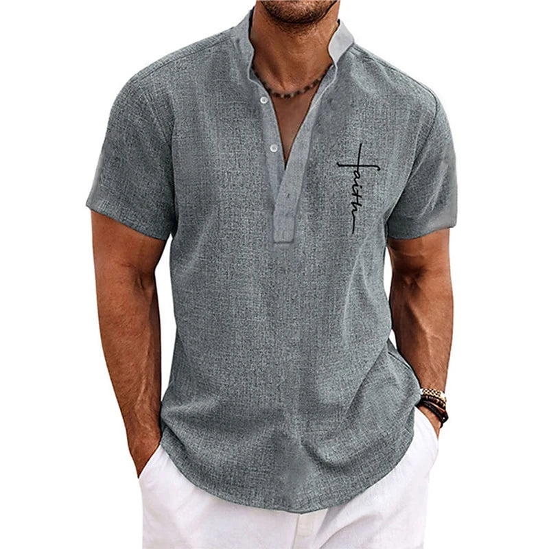 Men's Oversized Henley T-Shirt – Stand Collar Graphic Tee
