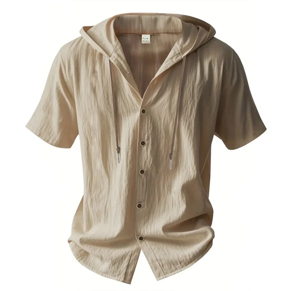 Men's Cotton Linen Short-Sleeve Shirt – Hooded Drawstring Design