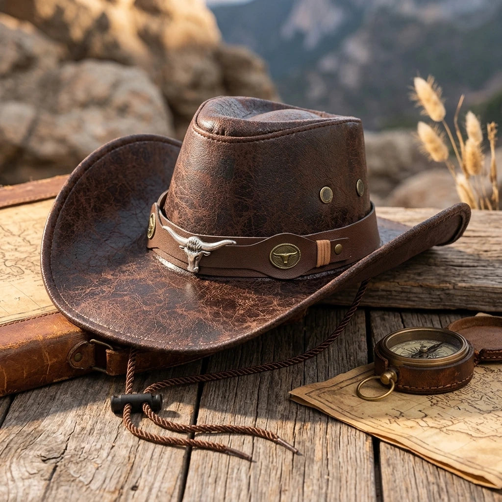 Unisex Faux Leather Cowboy Hat – Wide Brim Western Style