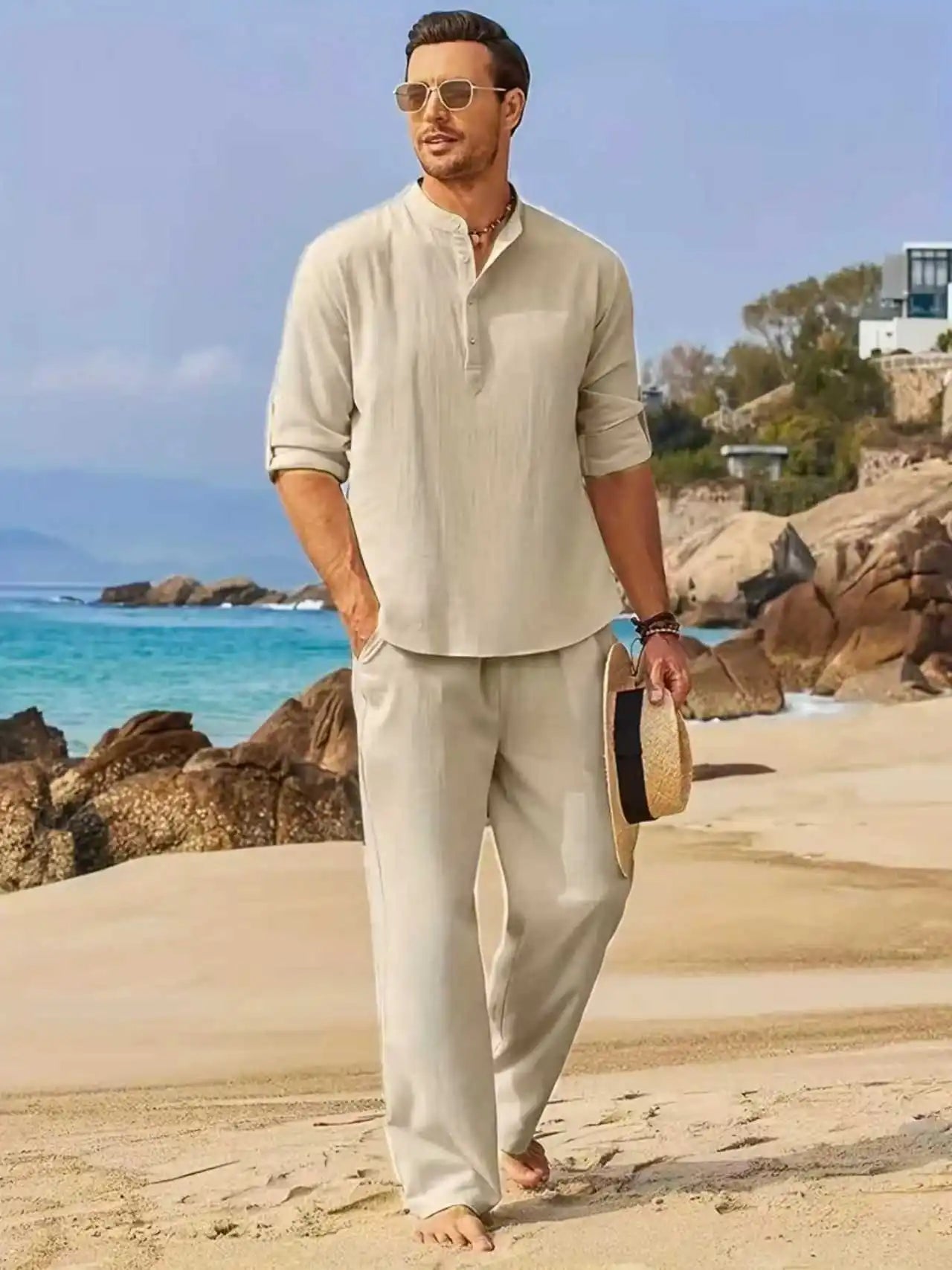 Men's Linen Two-Piece Set – Henley Shirt & Elastic Waist Trousers