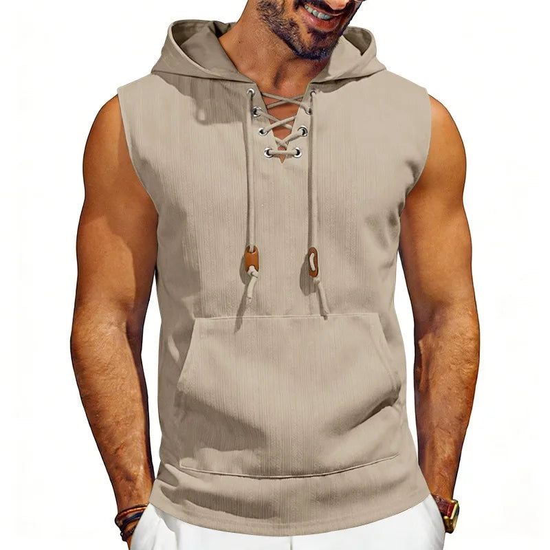 Men's Sleeveless Hooded Tank Top – Drawstring Gym Vest