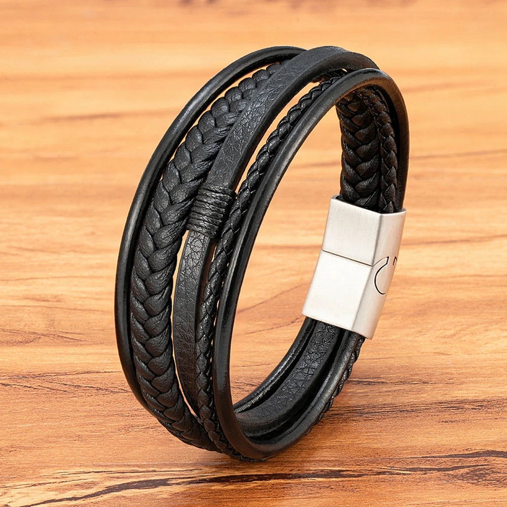 Men's Hand-Woven Leather Bracelet – Multilayer Stainless Steel Bangle