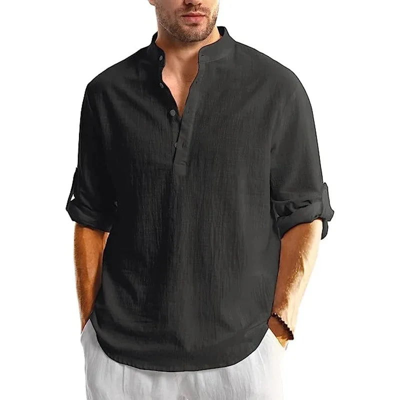 Men's Linen Cotton Henley Shirt – Long Sleeve Beach Top