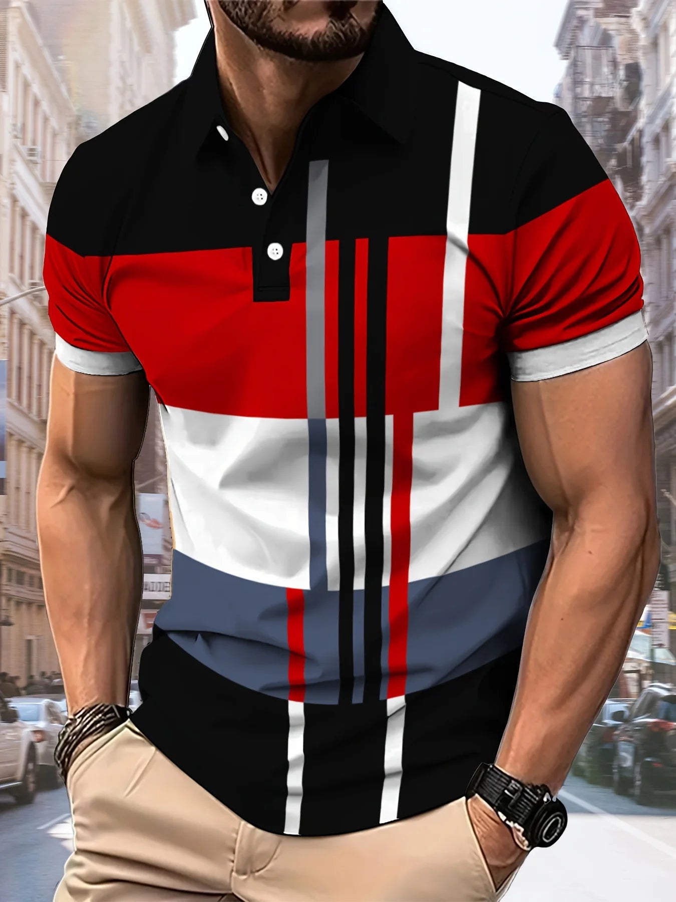 Men's Striped Print Polo Shirt – Casual Breathable Top
