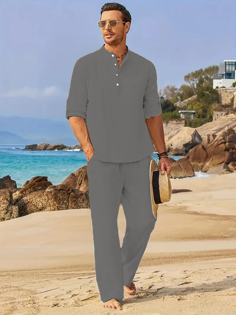 Men's Linen Two-Piece Set – Henley Shirt & Elastic Waist Trousers